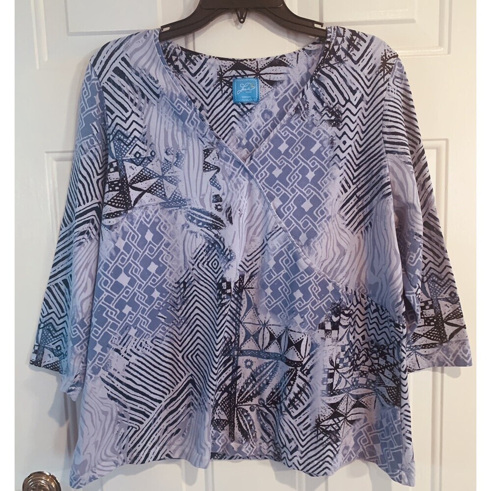 Lara Lane Women’s Faux Wrap Soft  Knit Top 3/4" Sleeve Multi Blue/White Size XL
